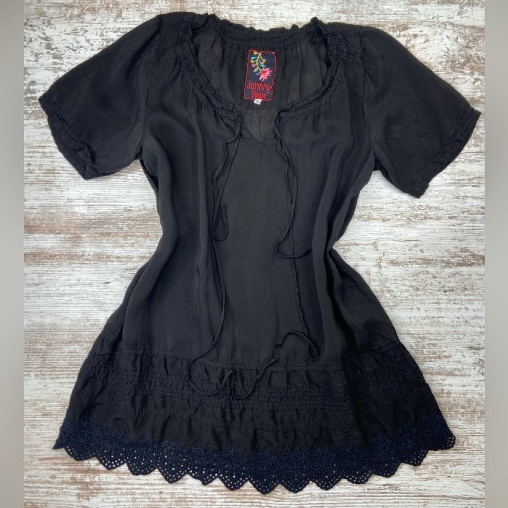 Johnny Was Black Blouse Tunic Coverup‎ Size Large GUC!